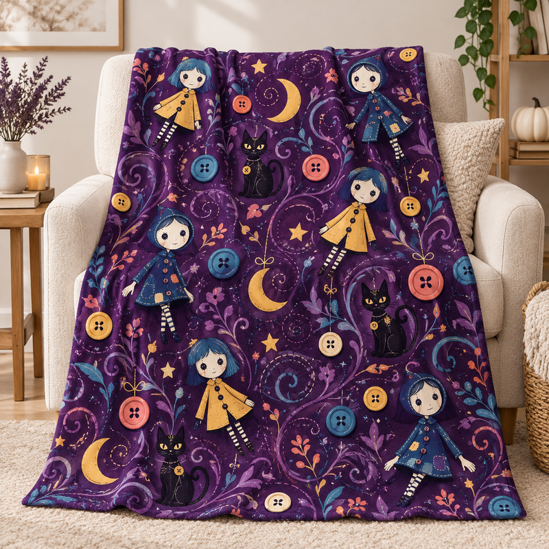 Coraline Button Eyes Character Plush Blanket, Dark Fantasy Cartoon Collectible Throw