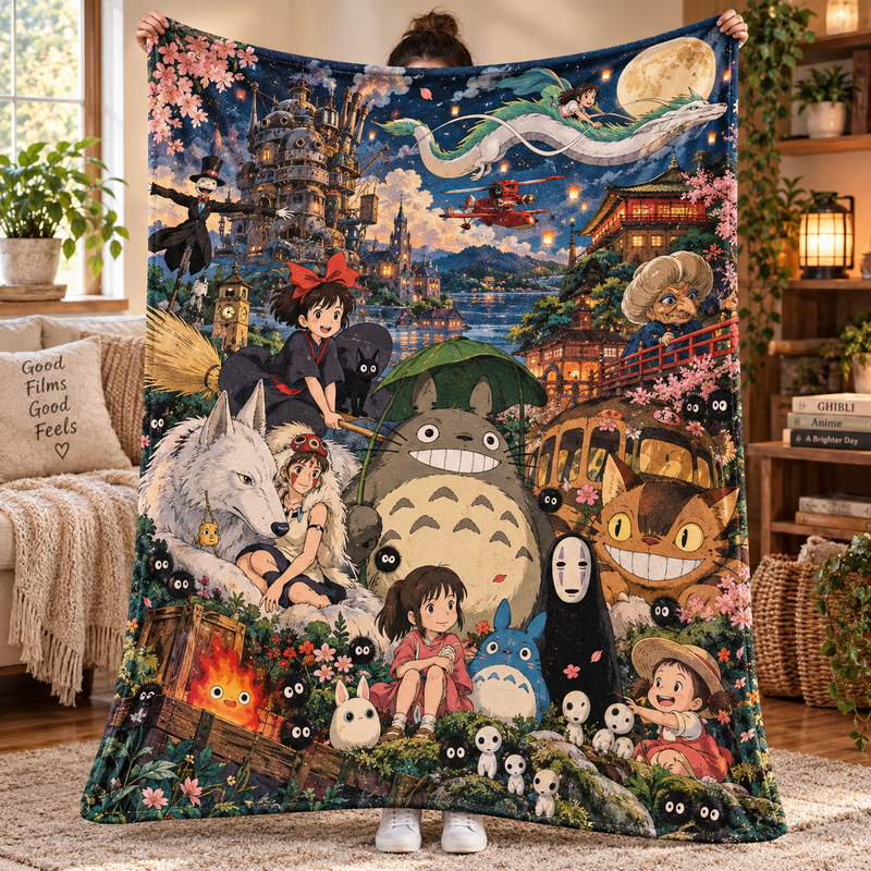 Studio Ghibli Anime Characters Starry Night Flannel Blanket, Colorful Fantasy Collage Throw